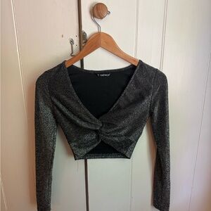 SHEIN Black Long Sleeve Tie Front Crop Blouse